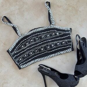 Y2K Black Rhinestone Pearl Beaded Crop Cami Top Bustier - Contempo Casuals Sz L